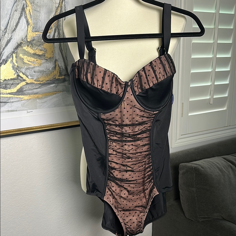 NWT Elegant Black and Pink Polka Dot Mesh Ruched Swimsuit